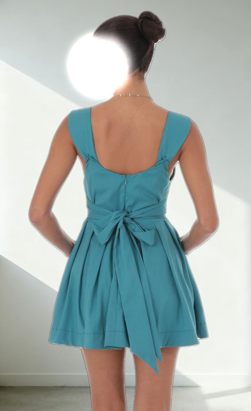 Double Bow A-Line Dress in Turquoise Blue