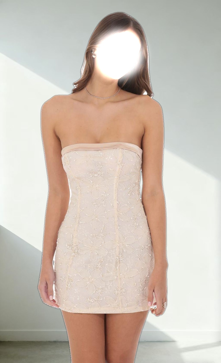 Strapless Floral Shimmer Sequin Dress in Cream