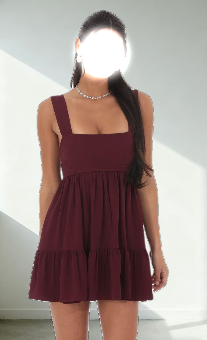 Square Neckline Babydoll Dress in Burgundy