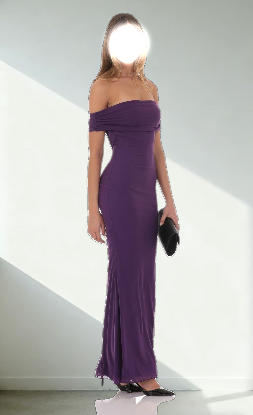 Mesh Off Shoulder Lace Maxi Dress in Purple