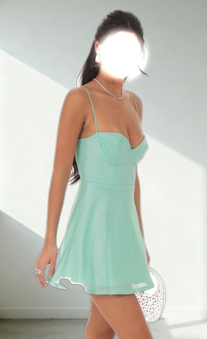 Foiled Mesh Corset A-line Dress in Seafoam Green