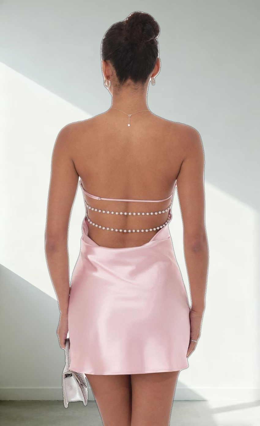 Satin Pearl Open Back Dress in Pink