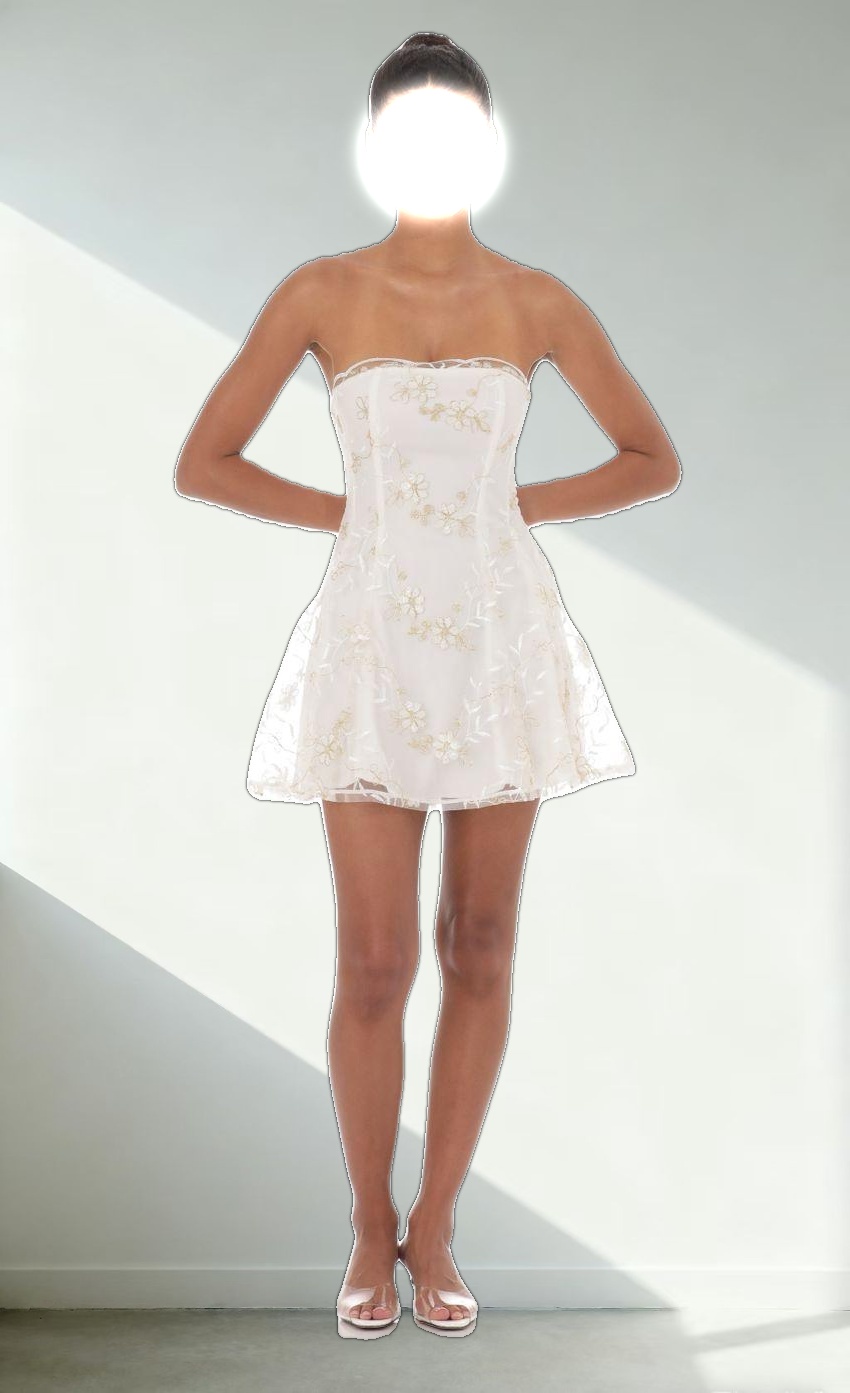 Embroidered Floral Strapless Dress in White