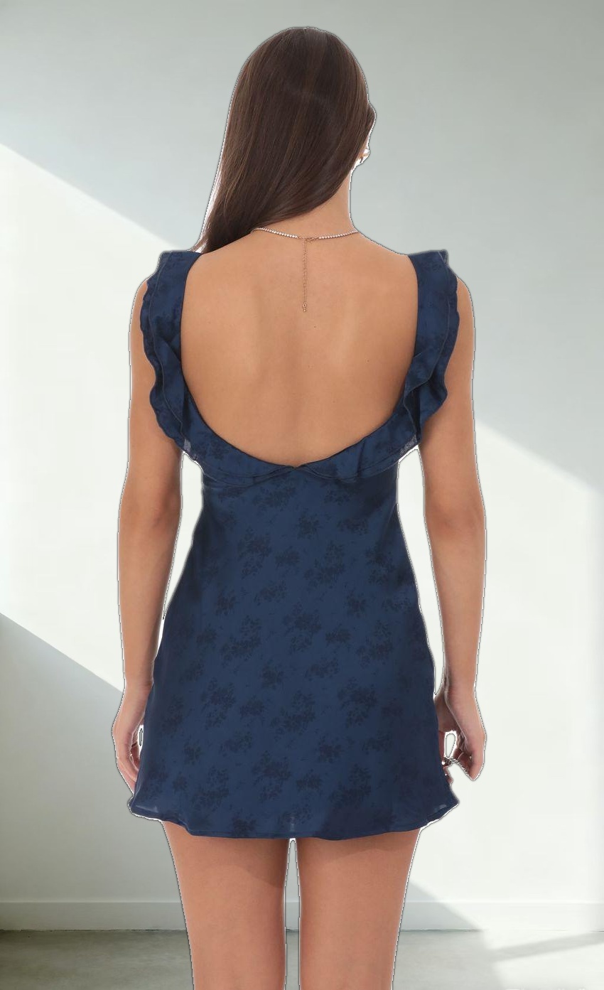 Satin Floral Open Back Slip Dress in Navy