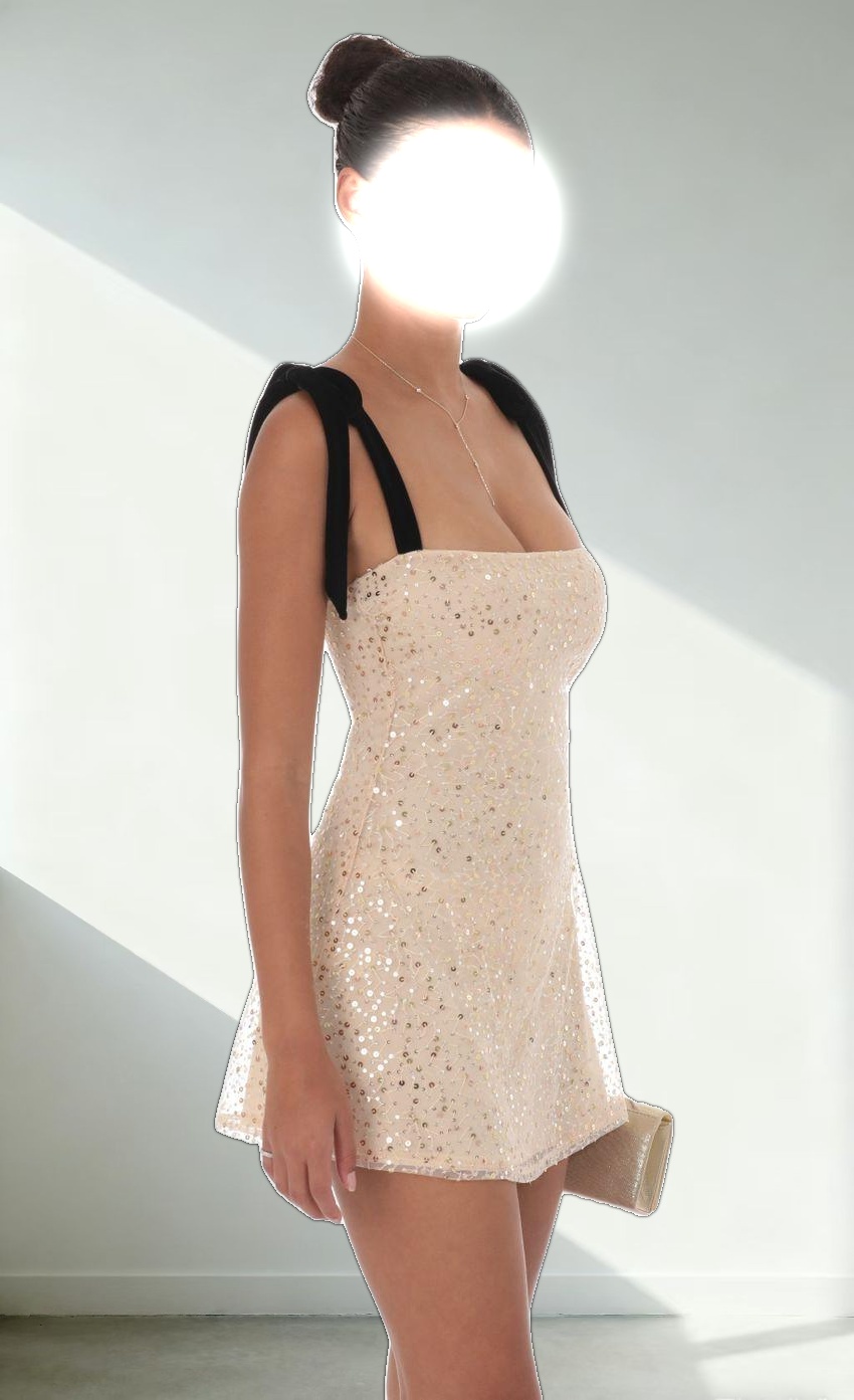 Sequin Velvet Strap Dress in Beige