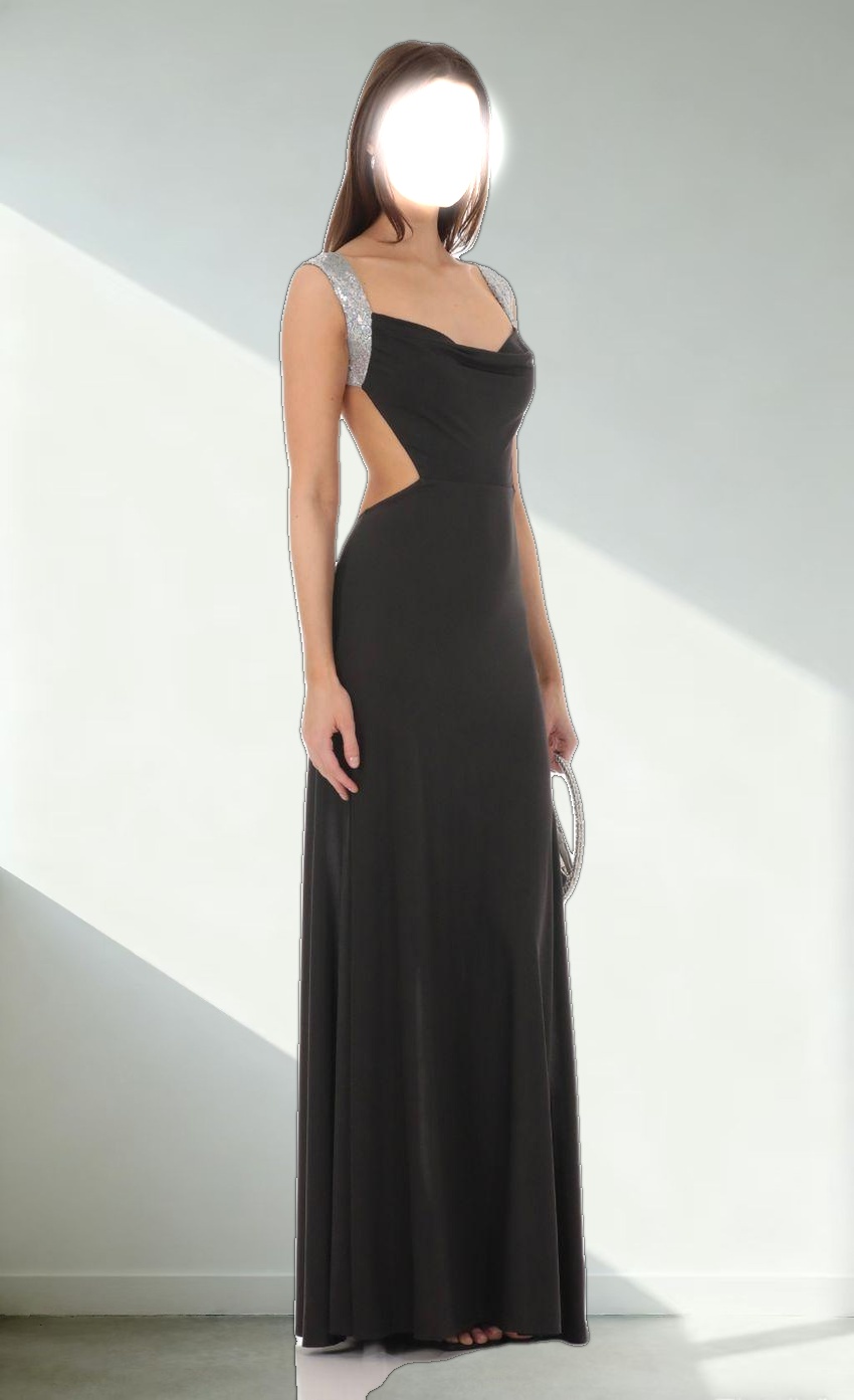 Silver Sequin Open Back Cowl Neck Dress in Black