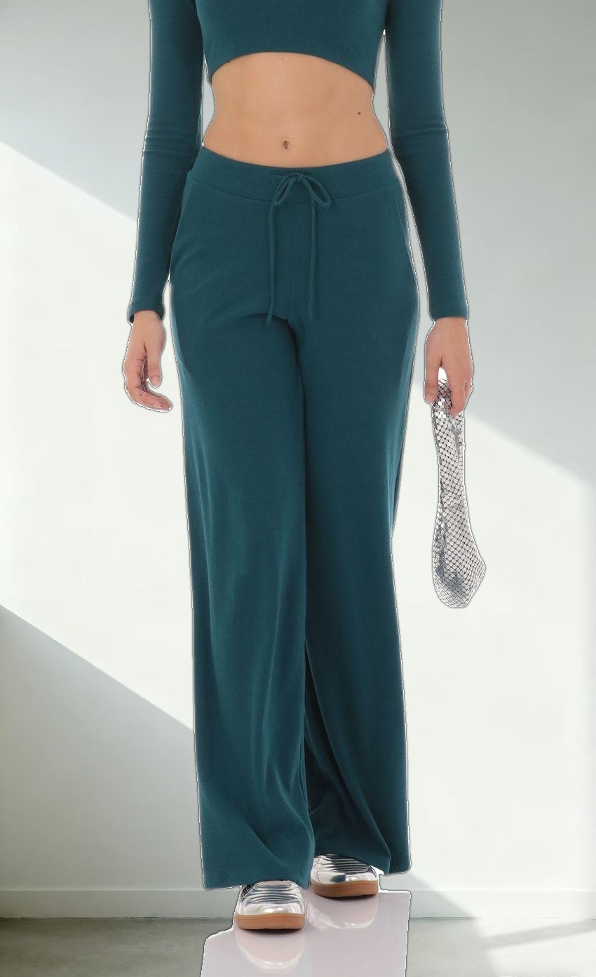 Soft Ribbed Straight Pants in Teal