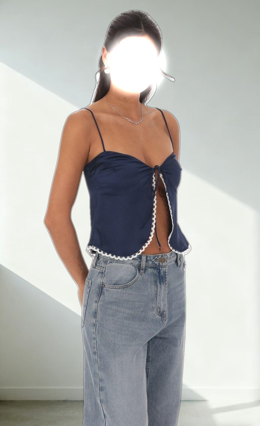 Satin Front Tie Top in Navy