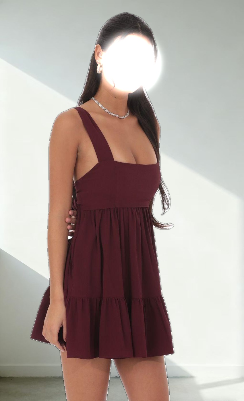 Square Neckline Babydoll Dress in Burgundy