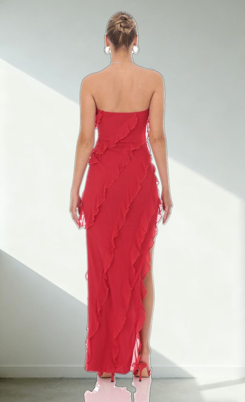 Mesh Ruffle Strapless Maxi Dress in Red