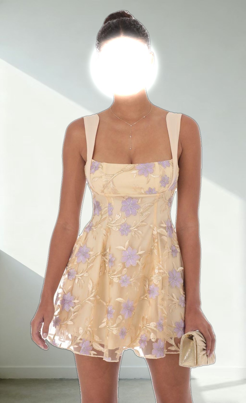 Embroidered Floral Fit and Flare Dress in Gold