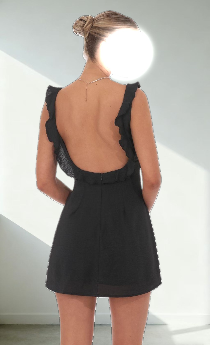 Ruffle V-Neck Dress in Black