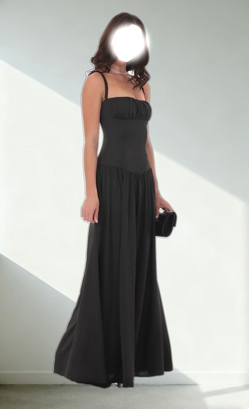 Satin Ruched Bust Maxi Dress in Black