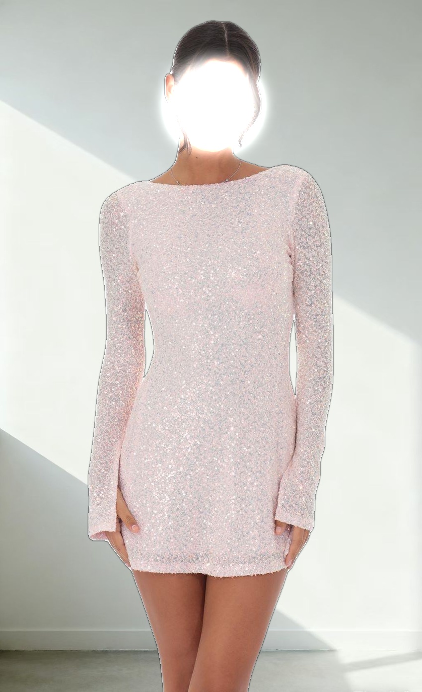 Sequin Long Sleeve Open Back Dress in Pink