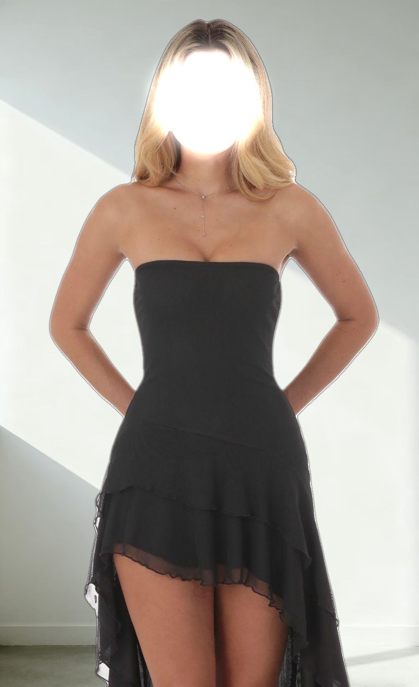 Strapless Mesh High Low Dress in Black