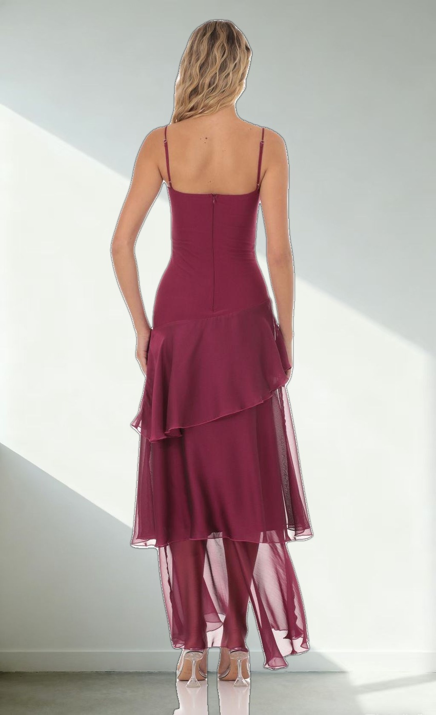 Long Ruffle Maxi Dress in Plum