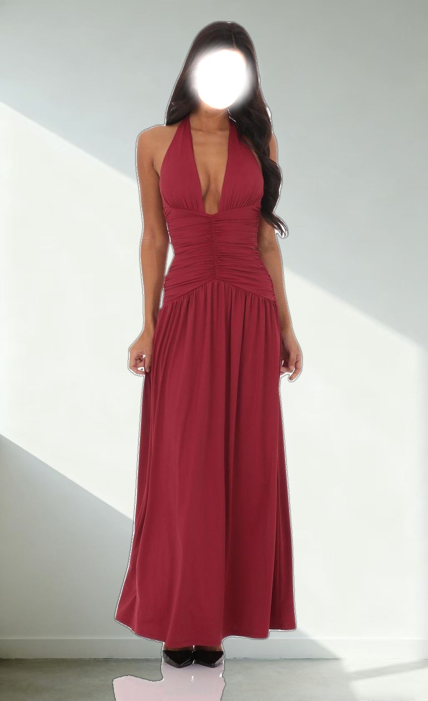 Halter Ruched Cinched Maxi Dress in Maroon