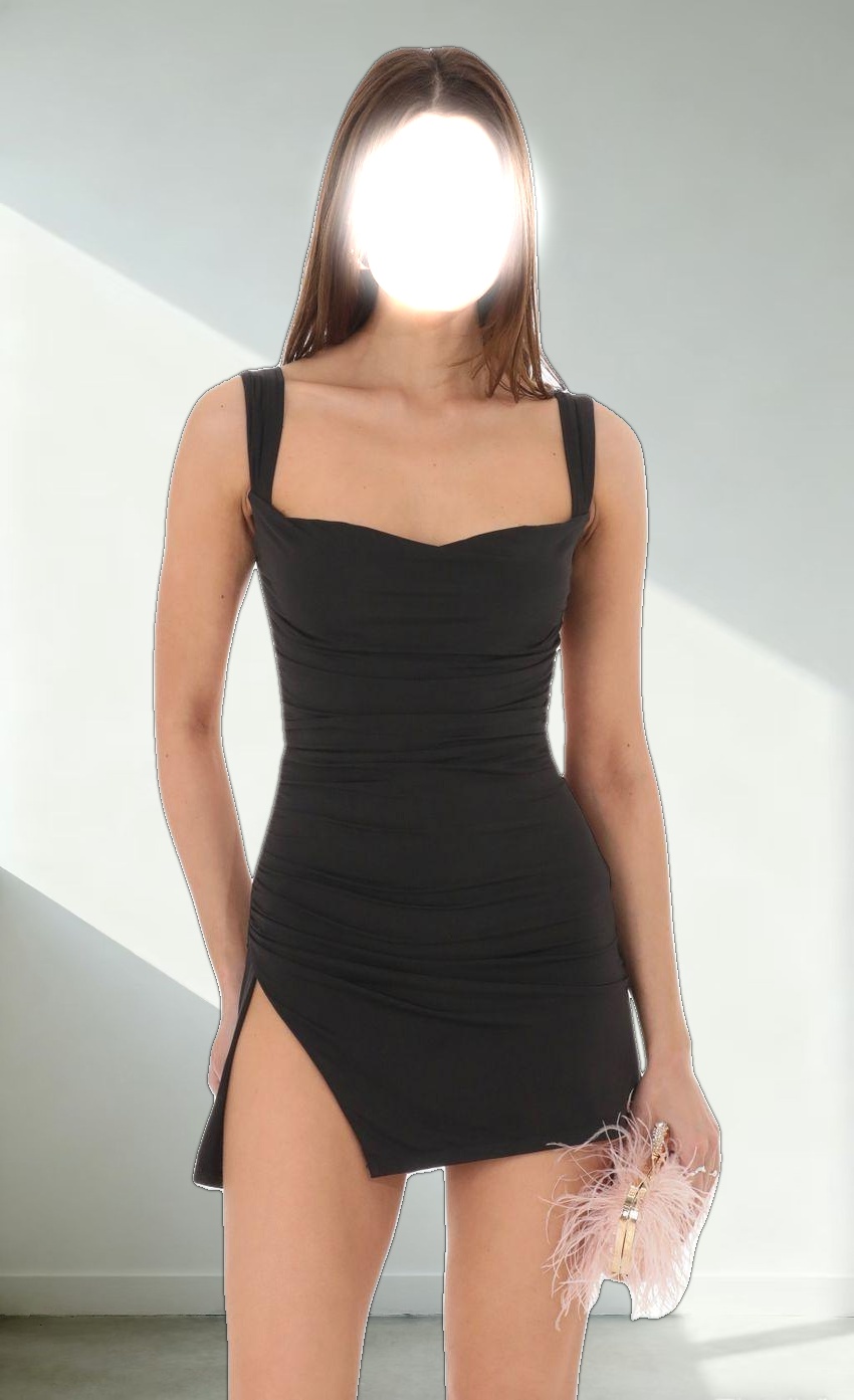 Tulle Back Bow Ruched Bodycon Dress in Black