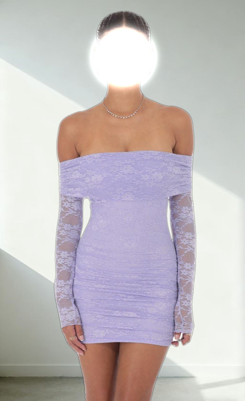 Off Shoulder Long Sleeve Lace Dress in Lavender