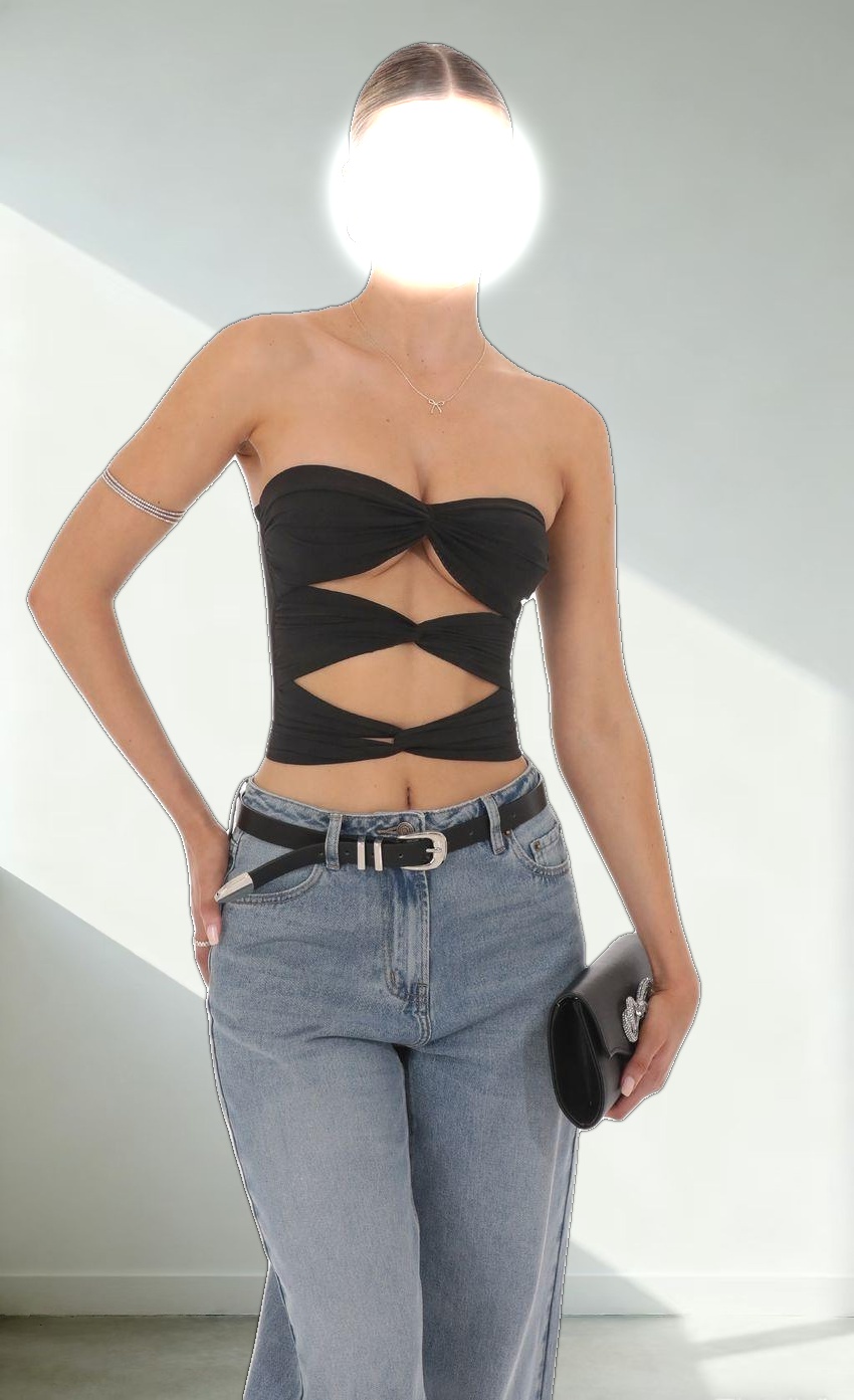 Mesh Cutout Strapless Top in Black