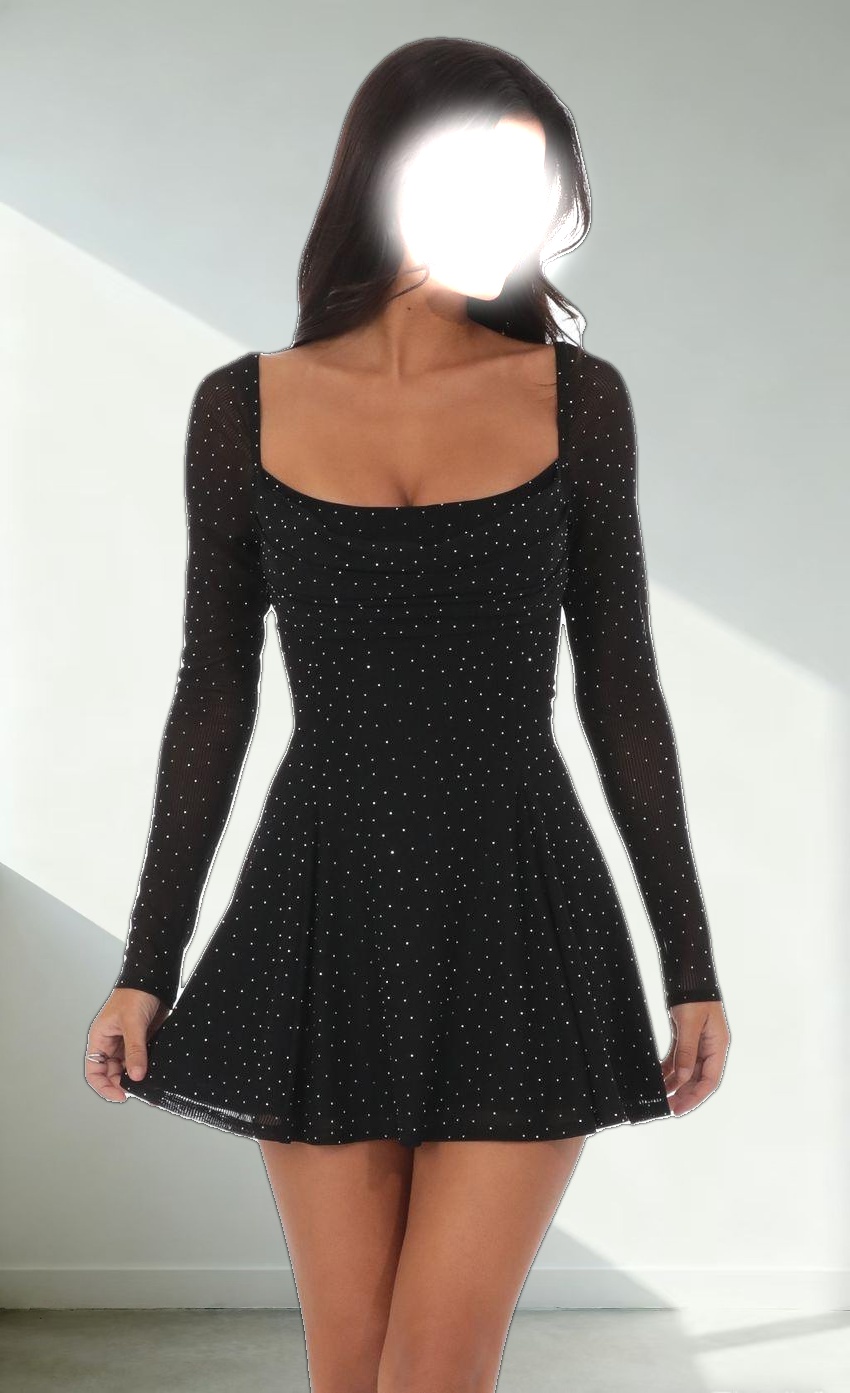 Rhinestone Draped Fit and Flare Dress in Black