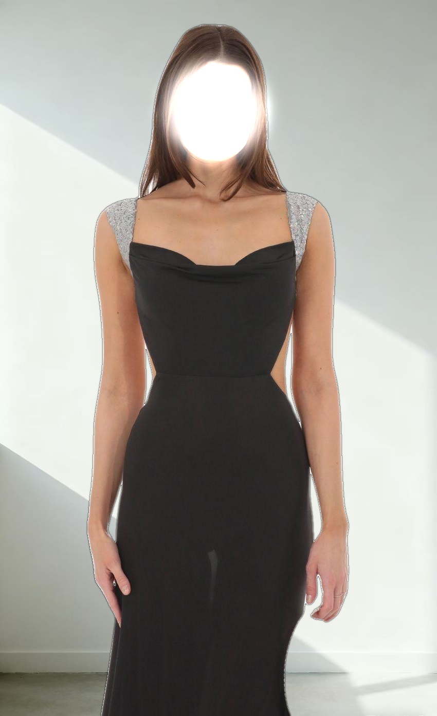 Silver Sequin Open Back Cowl Neck Dress in Black