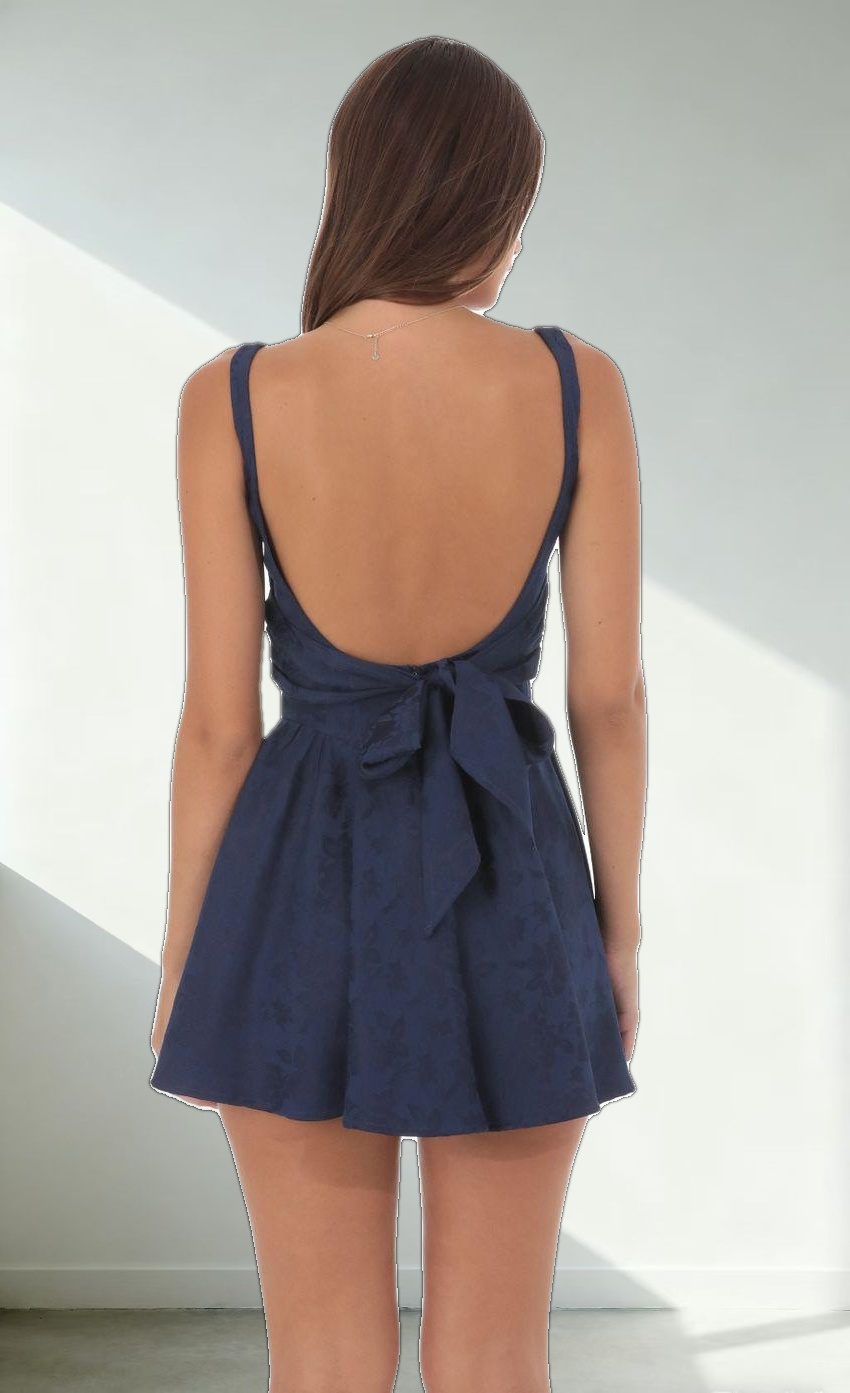 Floral Jacquard Open Back Bow Dress in Navy