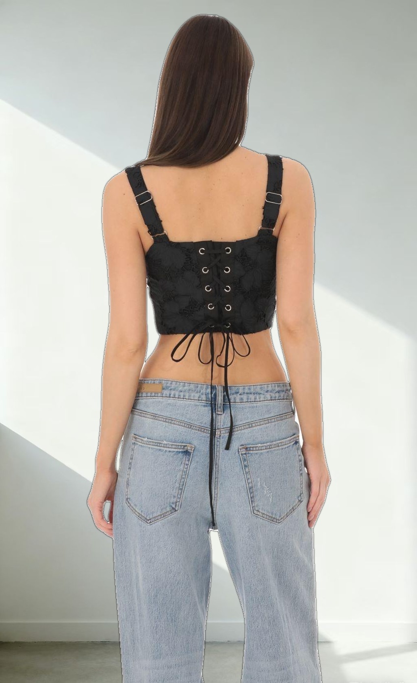 Embroidered Floral Pointed Top in Black