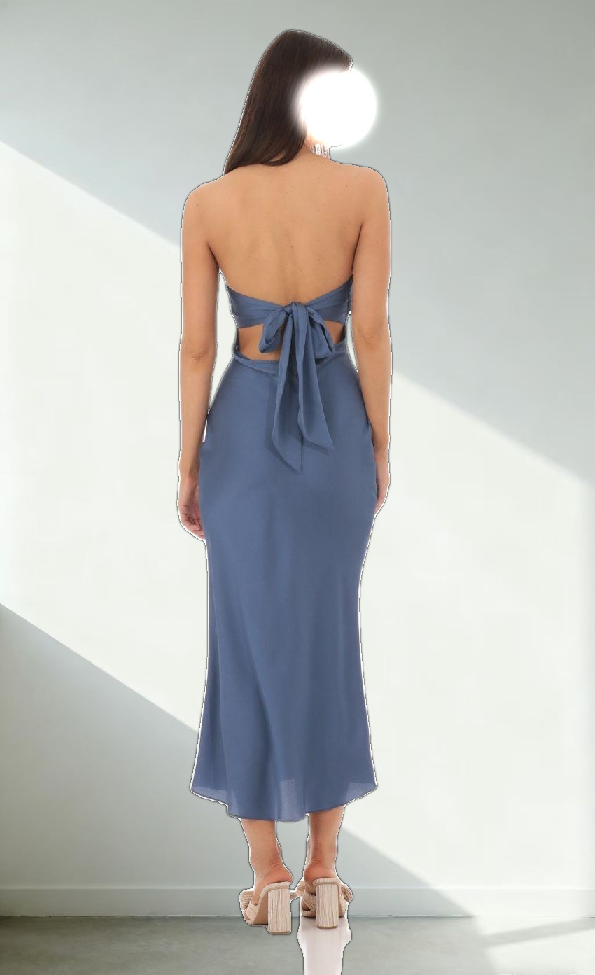 Satin Twist Cutout Midi Dress in Navy