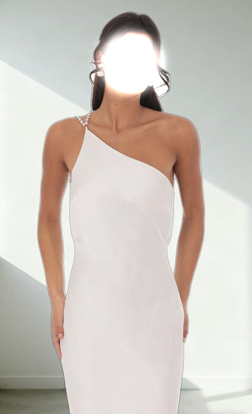 One Shoulder Pearl Satin Maxi Dress in White