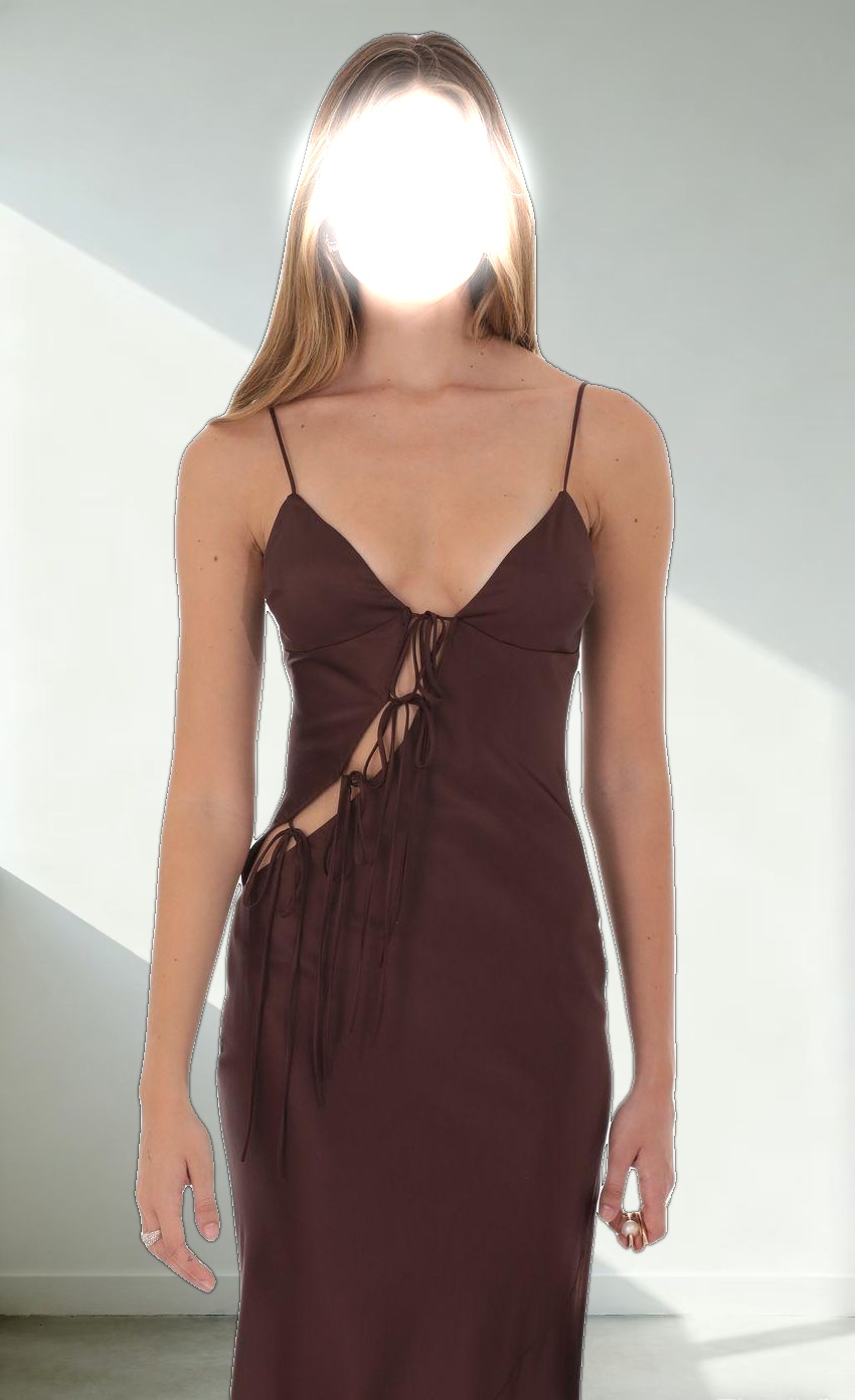 Satin Cutout Ties Maxi Dress in Brown