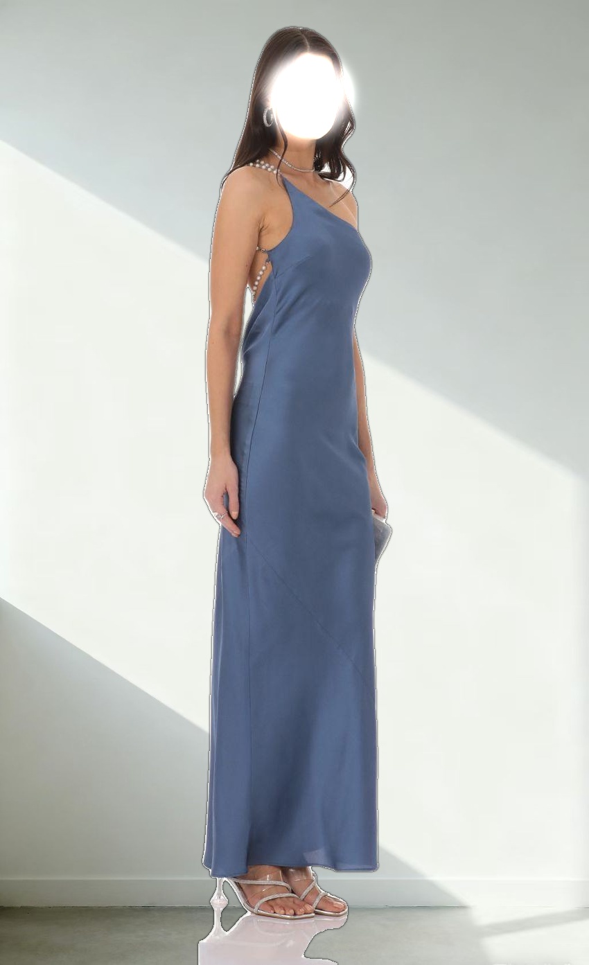 One Shoulder Pearl Satin Maxi Dress in Slate Blue