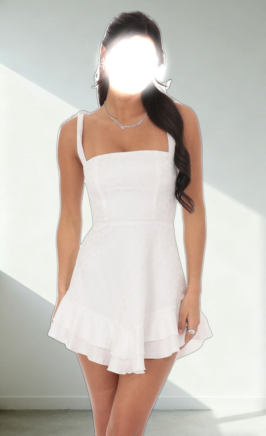 Floral Jacquard Ruffle A-line Dress in White