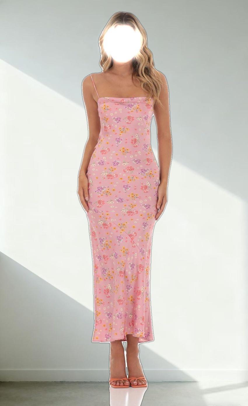 Satin Floral Open Back Maxi Dress in Pink