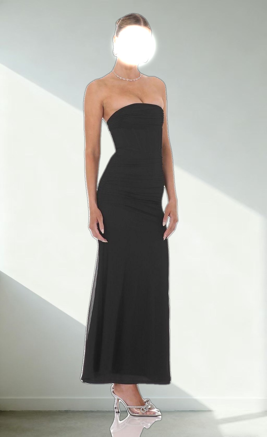 Mesh Strapless Corset Maxi Dress in Black