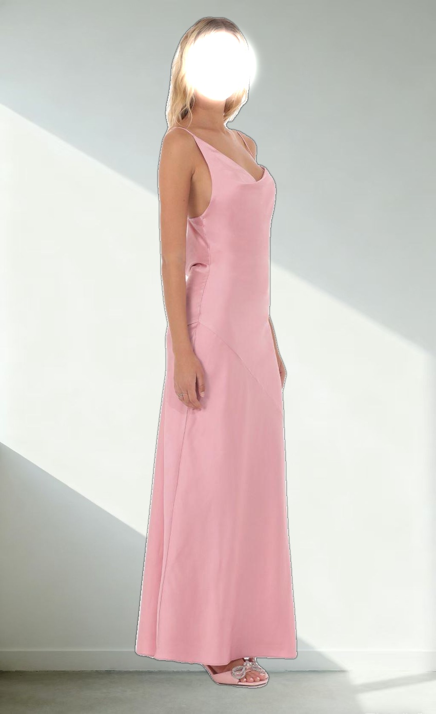 Satin Asymmetrical Cowl Neck Maxi Dress in Pink