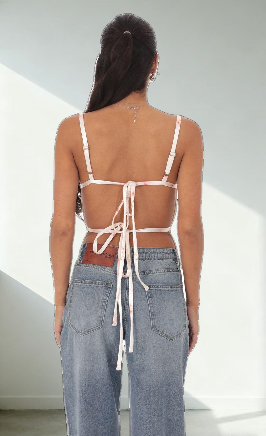 Floral Satin Open Back Tie Top in Cream