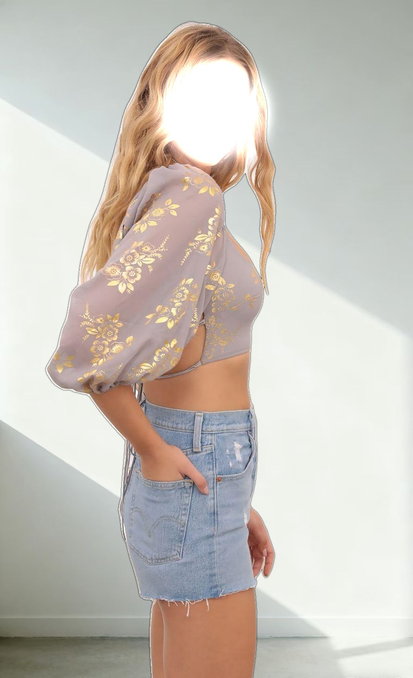 Gold Floral Puff Sleeve Top in Grey