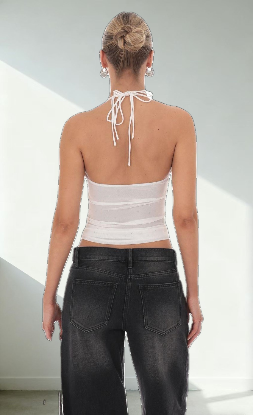 Rhinestone Mesh Halter Top in White