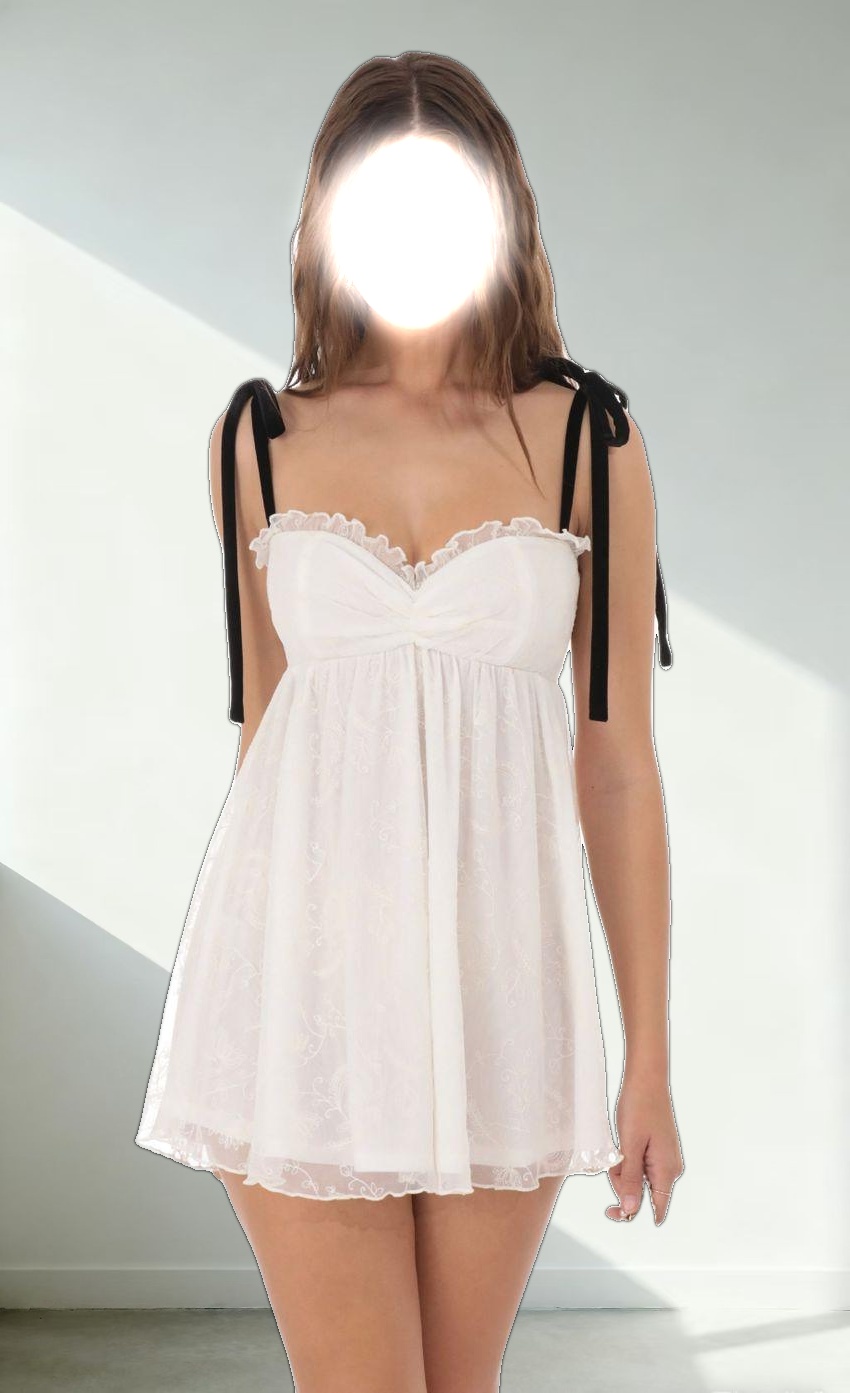 Mesh Velvet Shoulder Ties Babydoll Dress in White