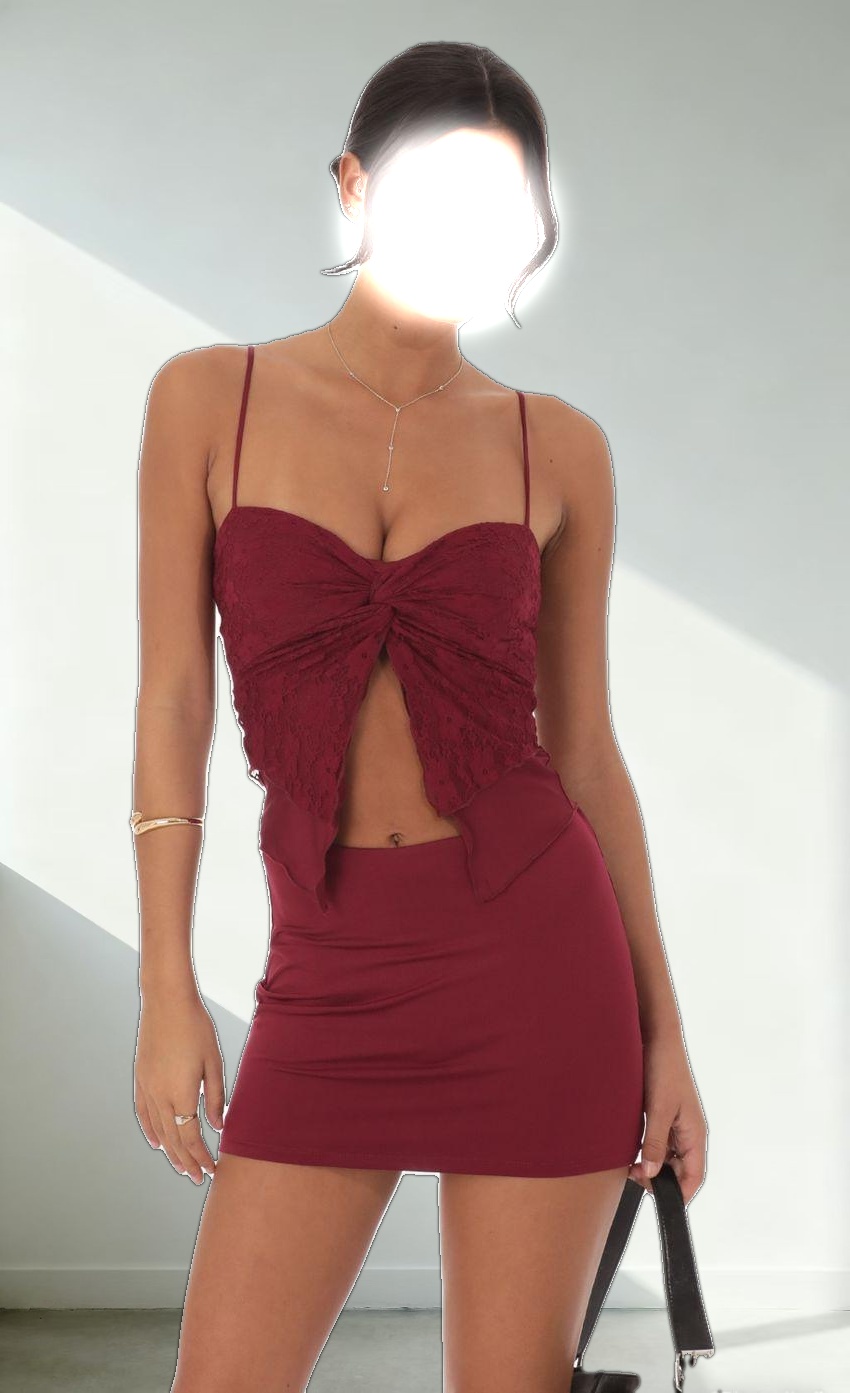 Lace Twist Two Piece Set in Burgundy