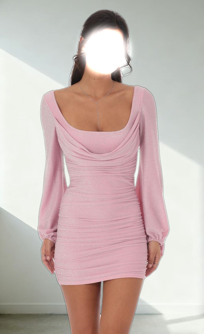 Shimmer Ruched Cowl Neck Dress in Pink