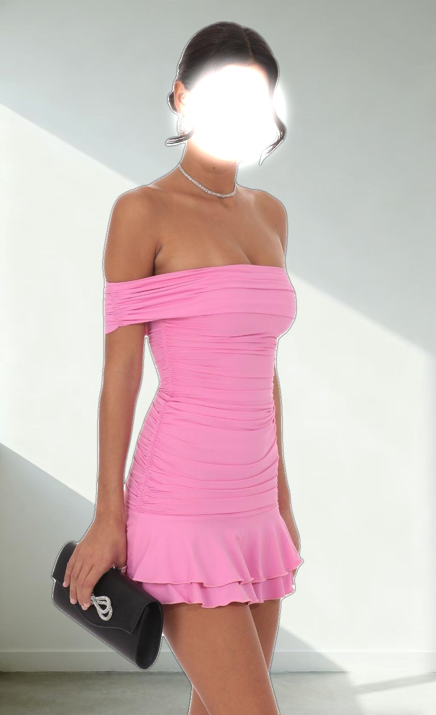 Off Shoulder Ruched Ruffle Dress in Pink