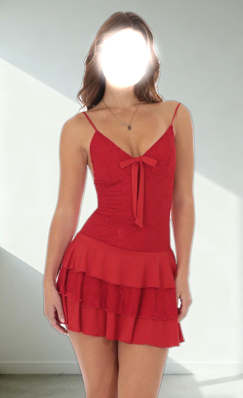 Lace Ruffle Bow Dress in Red