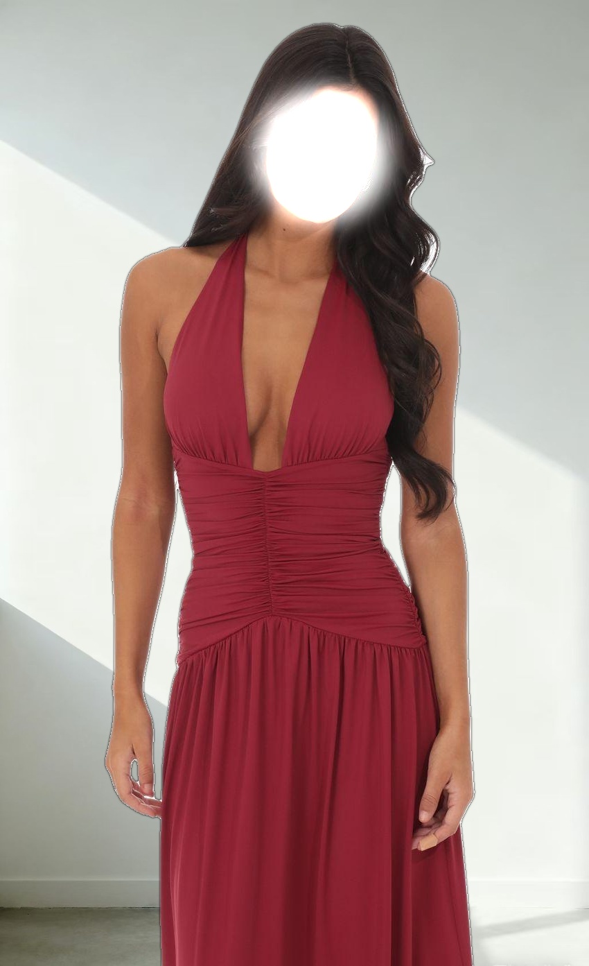 Halter Ruched Cinched Maxi Dress in Maroon