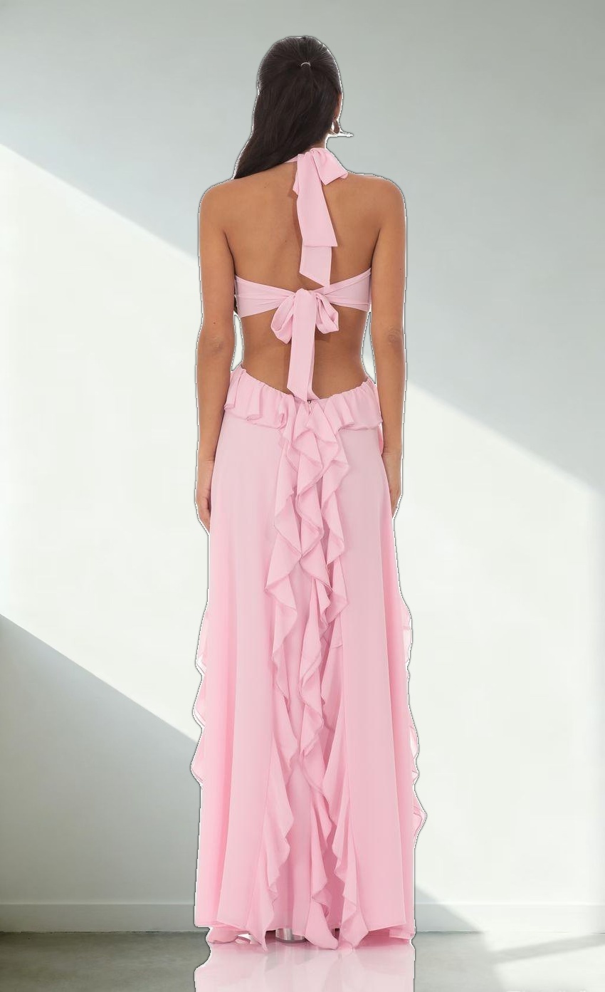 Chiffon Cutout Ruffle Maxi Dress in Pink