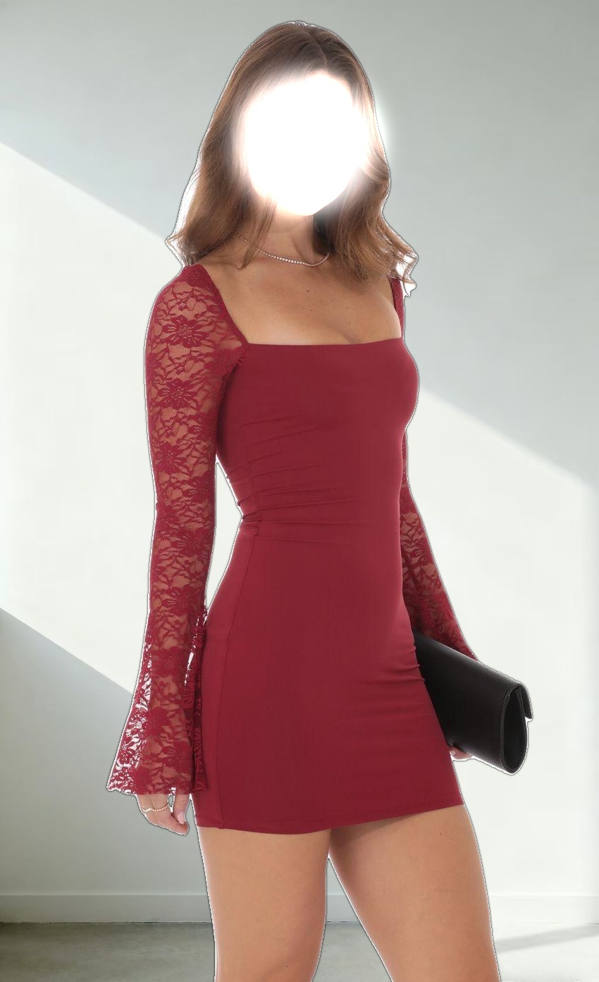 Lace Long Sleeve Bodycon Dress in Maroon