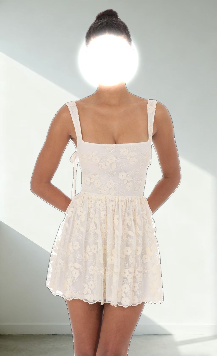 Floral Mesh Lace A-line Dress in Cream
