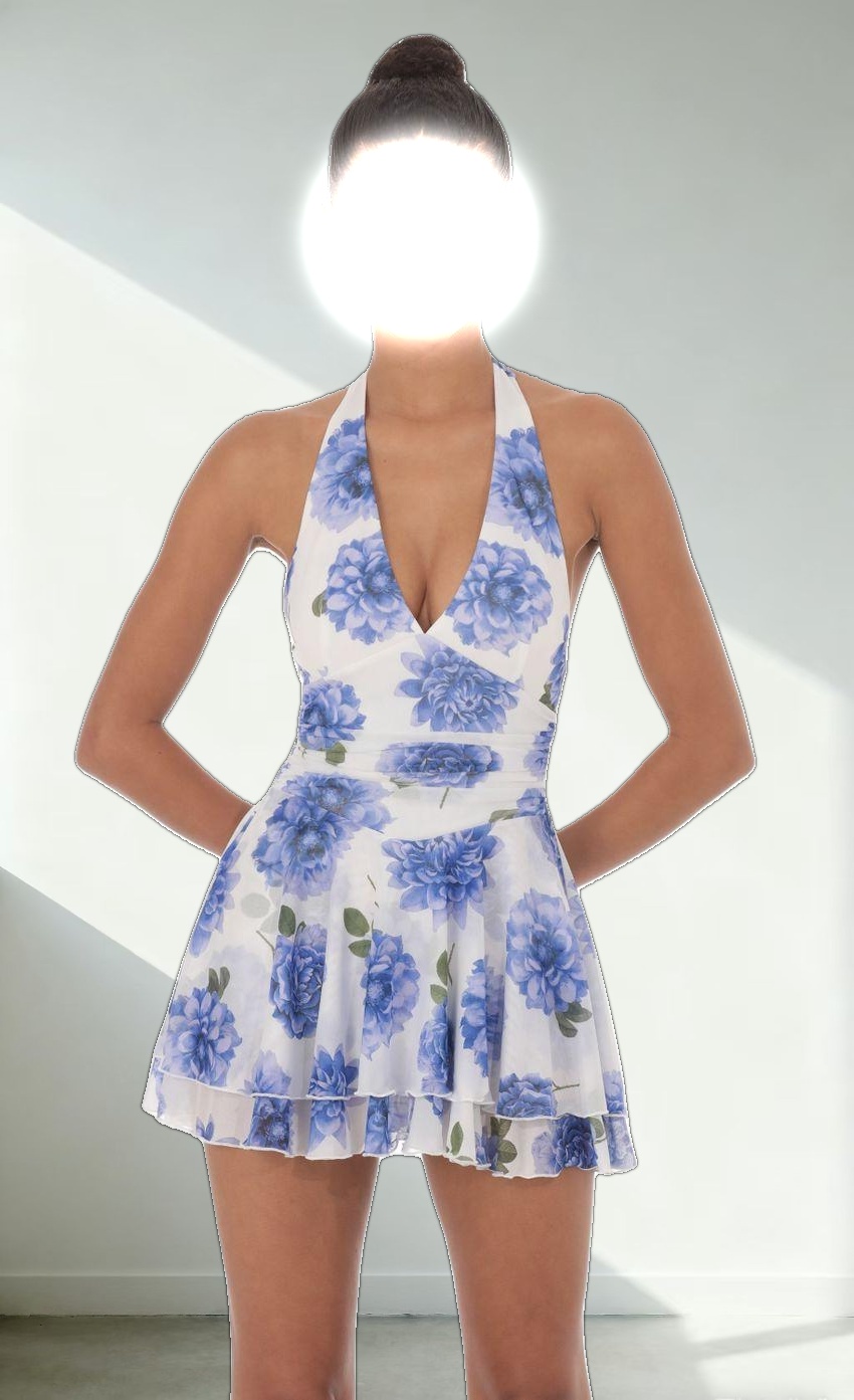 Mesh Floral Halter Romper in White