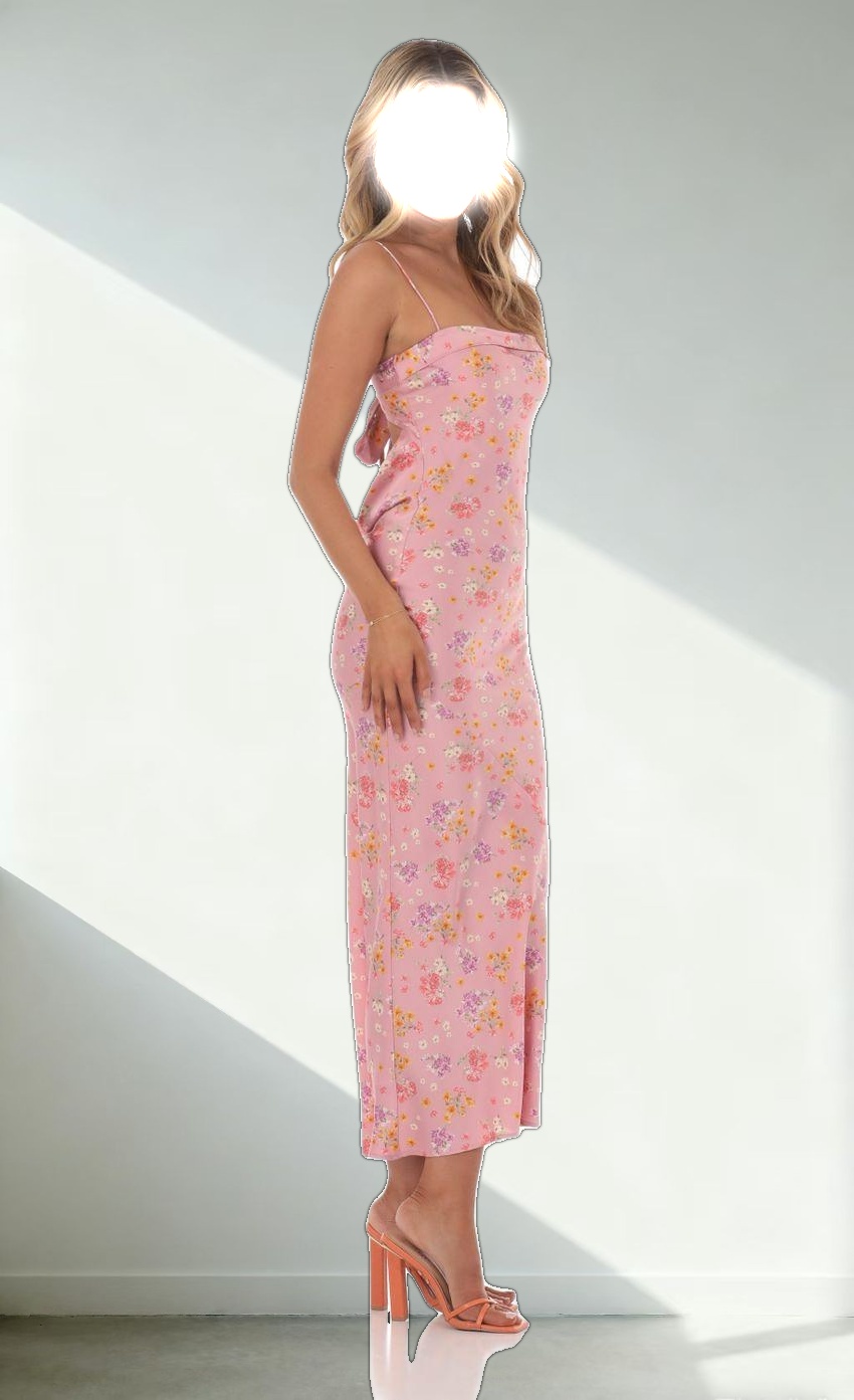 Satin Floral Open Back Maxi Dress in Pink